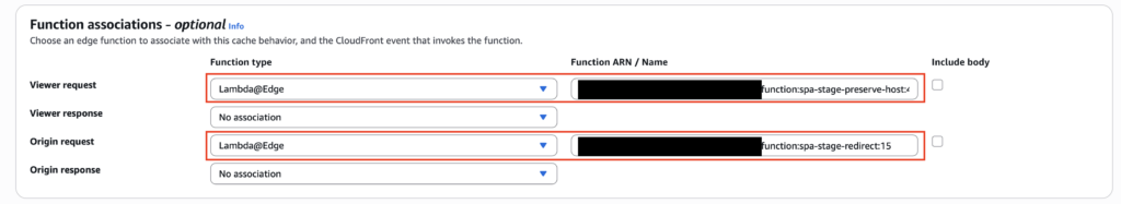 AWS CloudFront “Function associations” settings with Lambda@Edge spa-stage-preserve-host on Viewer Request and spa-stage-redirect on Origin Request.