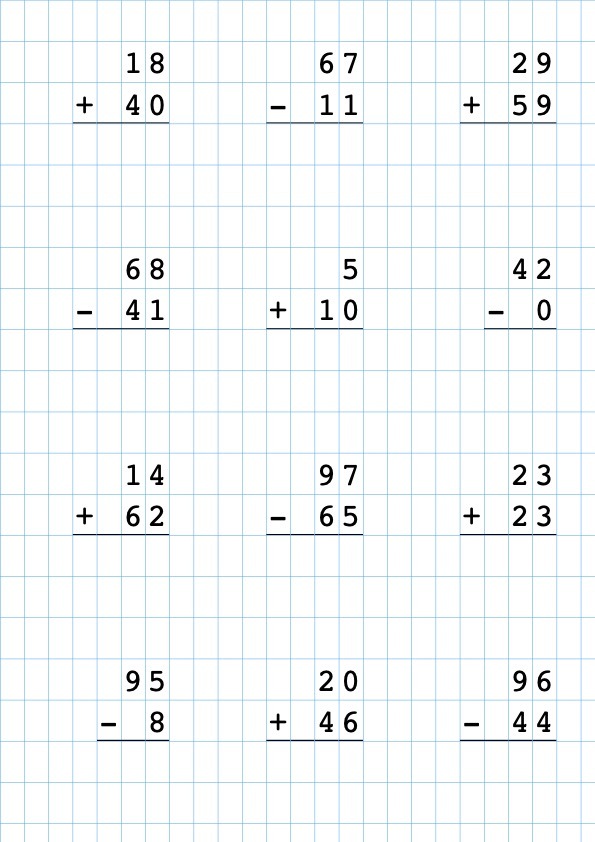 Dodawanie i odejmowanie, zakres wyników: 10–100, 24 zadania.