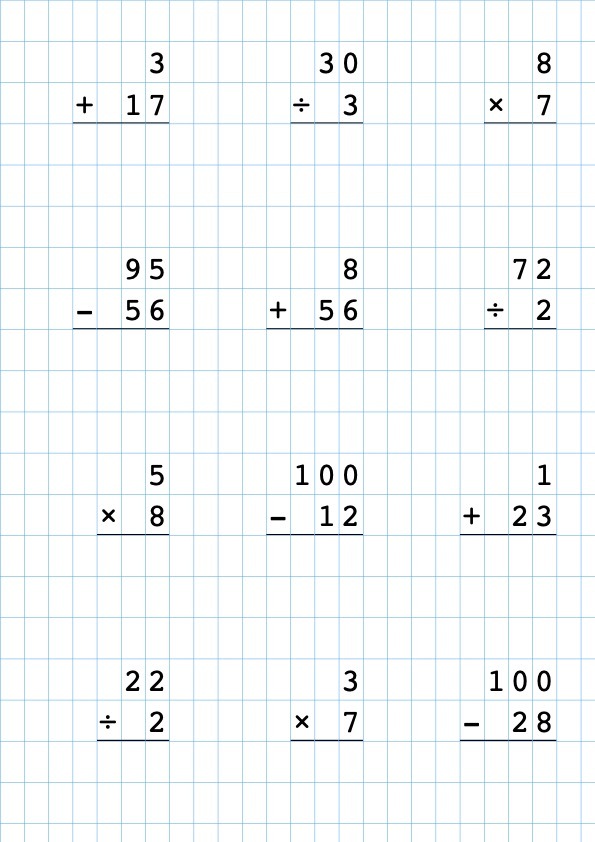 Dodawanie, odejmowanie, mnożenie i dzielenie, zakres wyników: 10–100, 24 zadania.