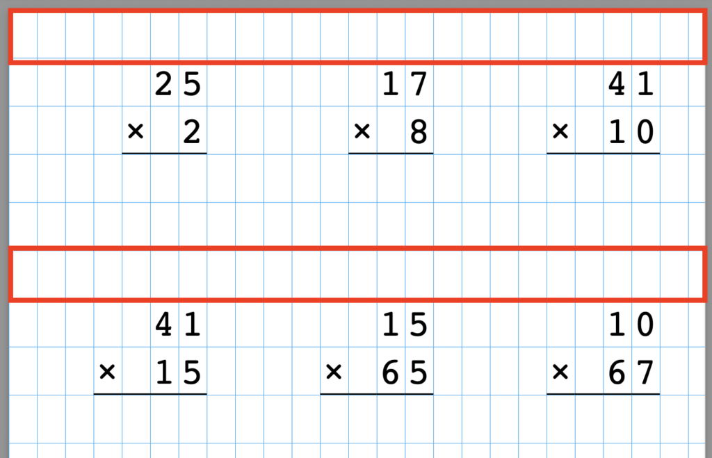 GridMath multiplication worksheet showing two-digit multiplication problems on graph paper with large answer boxes and labeled arrows pointing to extra room for carry overs