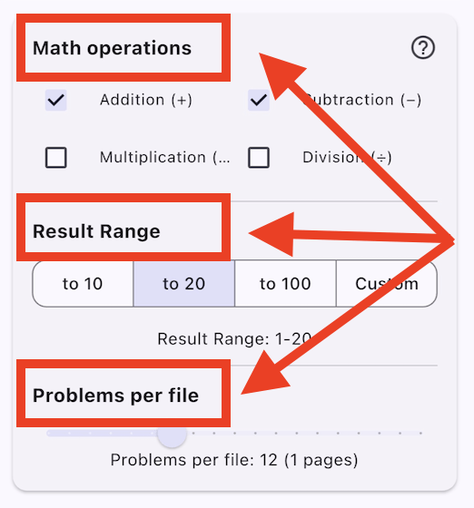 GridMath worksheet generator UI with red arrows pointing to Math operations, Result Range, and Problems per file settings