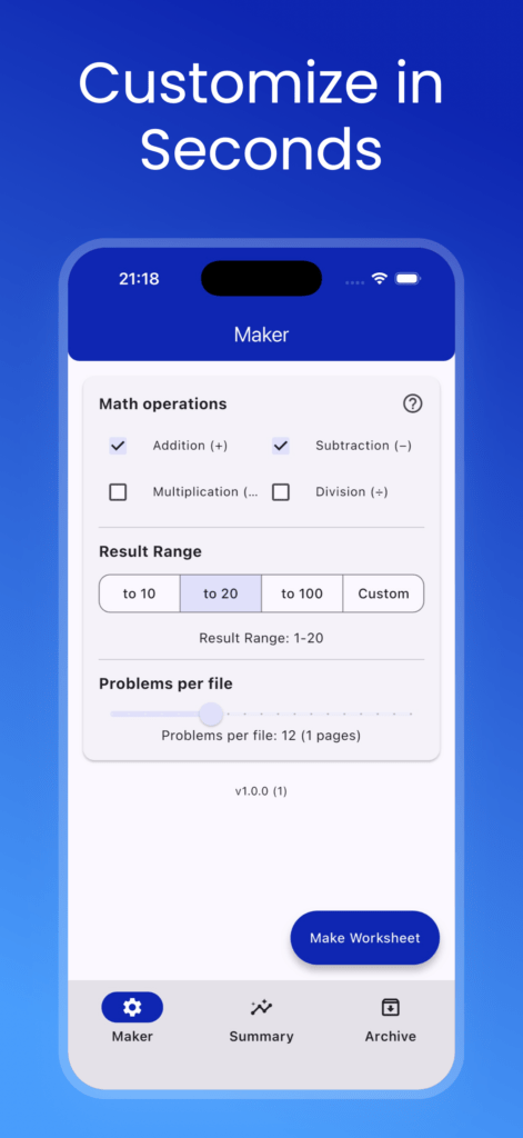 iPhone screen showing the Maker page of GridMath with options to choose math operations, result range, and number of problems per file.