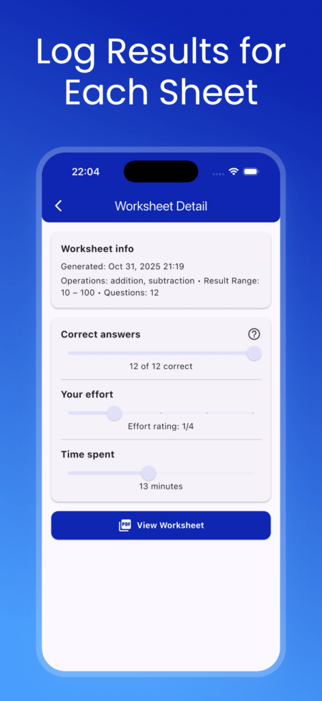 Ekran iPhone’a przedstawiający stronę szczegółów arkusza, na której rodzic może zapisać liczbę poprawnych odpowiedzi, ocenę wysiłku oraz czas (w minutach) poświęcony na konkretny arkusz.