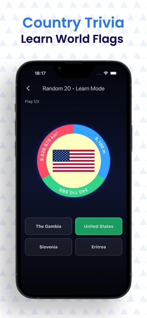 StarFlag trivia screen with a glowing medallion showing the United States flag and four answer buttons.