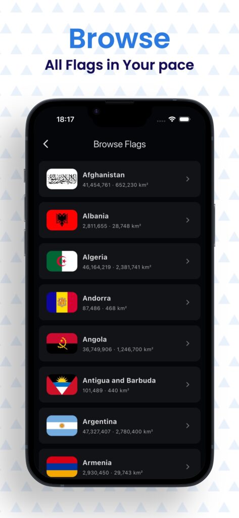 StarFlag browse screen with a vertical list of country flags such as Afghanistan, Albania, Algeria, and Andorra plus their population and area.