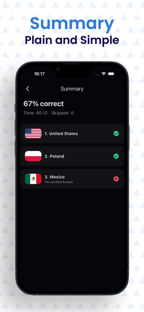StarFlag results summary screen listing flags of the United States, Poland, and Mexico with check and cross icons.