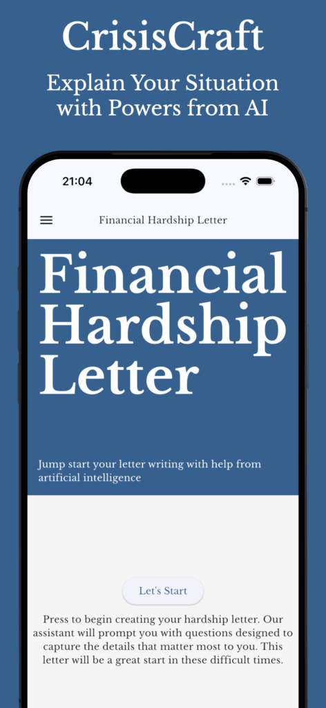 CrisisCraft app screenshot introducing the Financial Hardship Letter tool with AI assistance