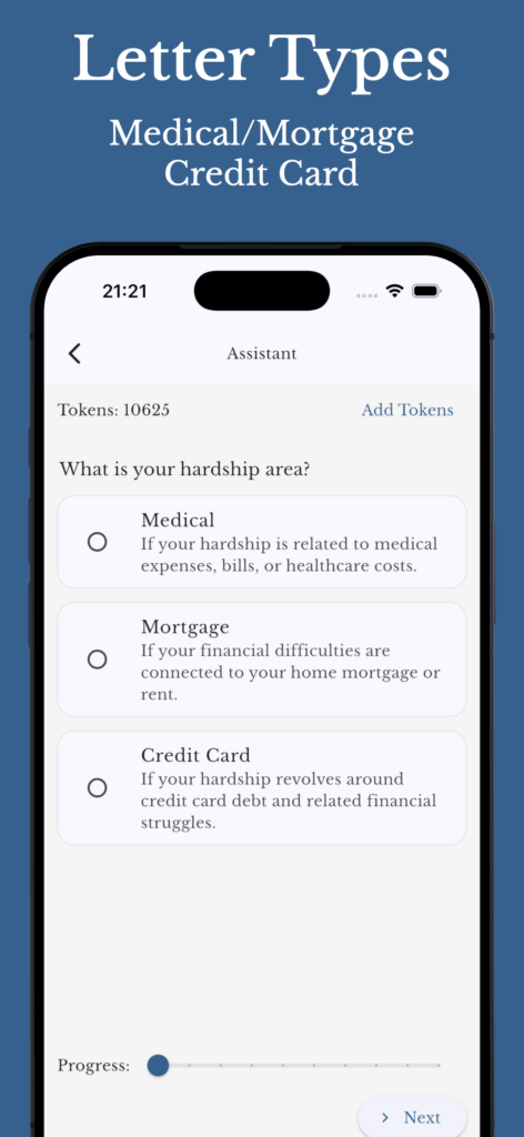 CrisisCraft app screenshot showing hardship letter type selection for medical, mortgage, and credit card