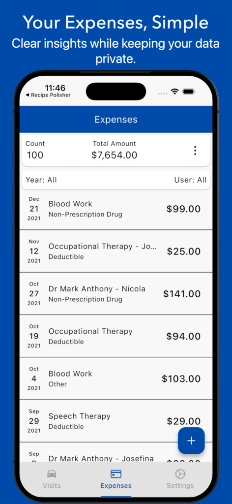 Medical Expenses Log app showing Visits list with total distance, year and user filters, and visit entries with mileage.