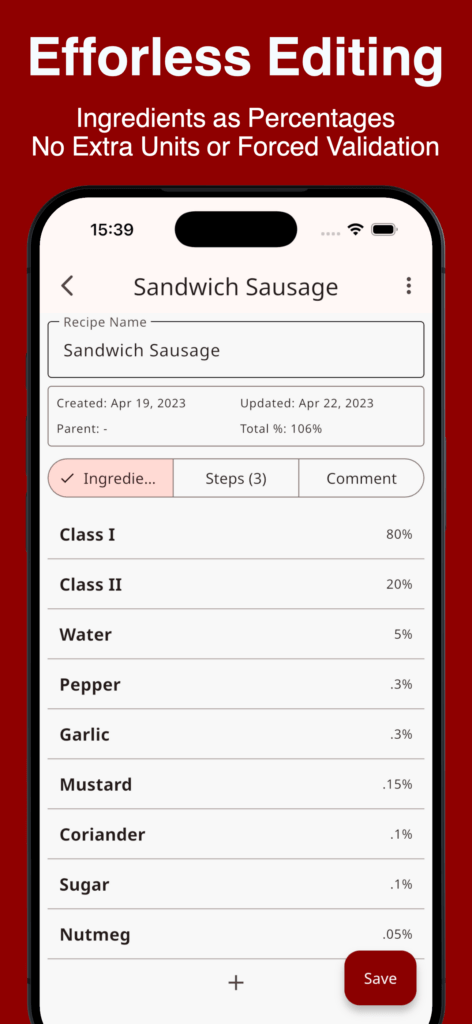 Recipe Polisher app screenshot showing the recipe editor with ingredients entered as percentages for “Sandwich Sausage.”