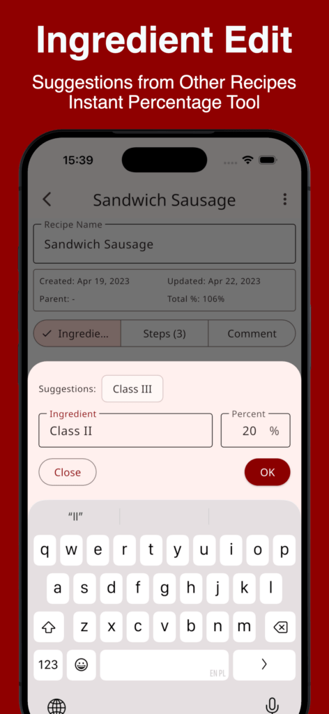 Recipe Polisher app screenshot showing the ingredient edit dialog with suggestions and a percent input for “Sandwich Sausage.”