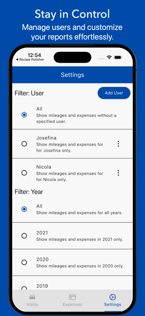 Medical Expenses Log app showing Visits list with total distance, year and user filters, and visit entries with mileage.