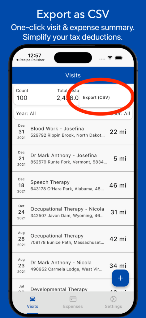 Medical Expenses Log app showing Visits list with total distance, year and user filters, and visit entries with mileage.