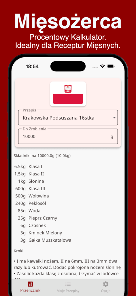 Zrzut ekranu aplikacji Siwy Dym z procentowym kalkulatorem receptur mięsnych i listą składników dla 10 kg.
