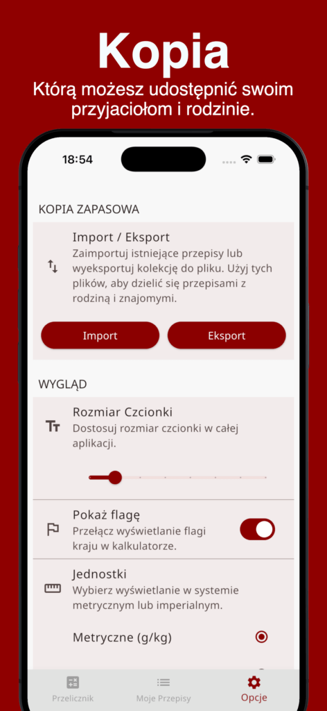Ekran opcji w aplikacji Siwy Dym z kopią zapasową przepisów oraz przyciskami Import i Eksport.