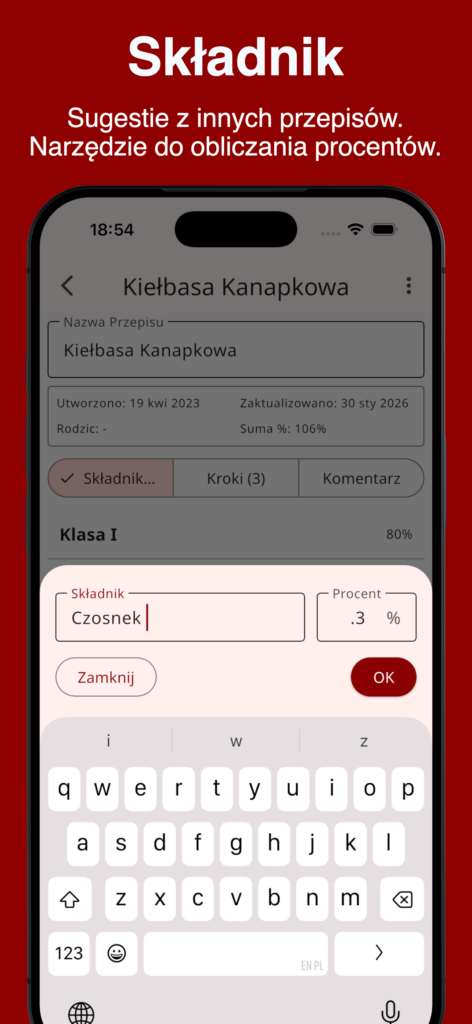 Okno dodawania składnika w aplikacji Siwy Dym z polem nazwy i procentu oraz sugestiami z innych przepisów.