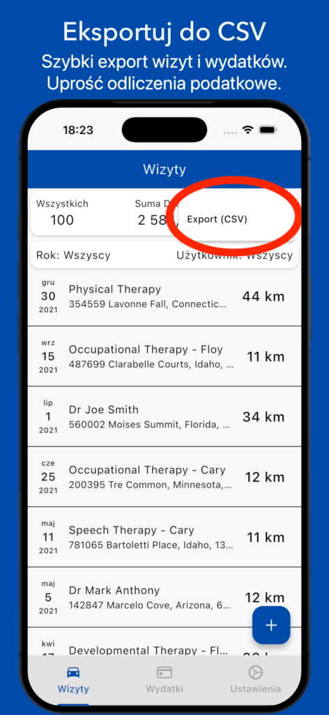 Wydatki Medyczne – ekran „Wizyty” z podświetloną opcją „Export (CSV)” do szybkiego eksportu danych.