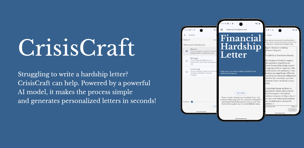 CrisisCraft promotional banner showing app screens and text about writing personalized hardship letters with AI
