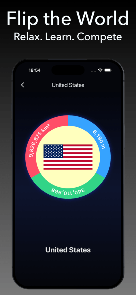 StarFlag app screenshot showing a United States flag medallion with the text “Flip the World. Relax. Learn. Compete.”