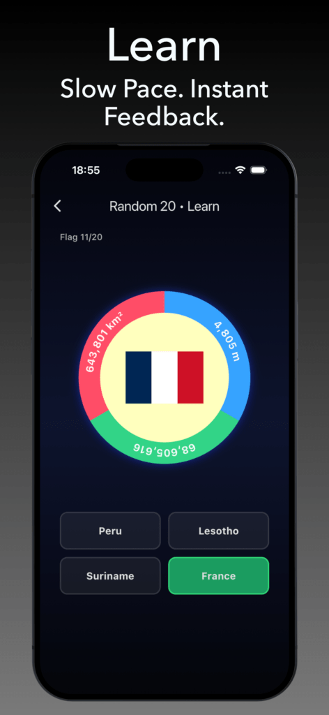 StarFlag Learn mode screenshot showing a France flag quiz with answer options and the text “Learn. Slow Pace. Instant Feedback.”