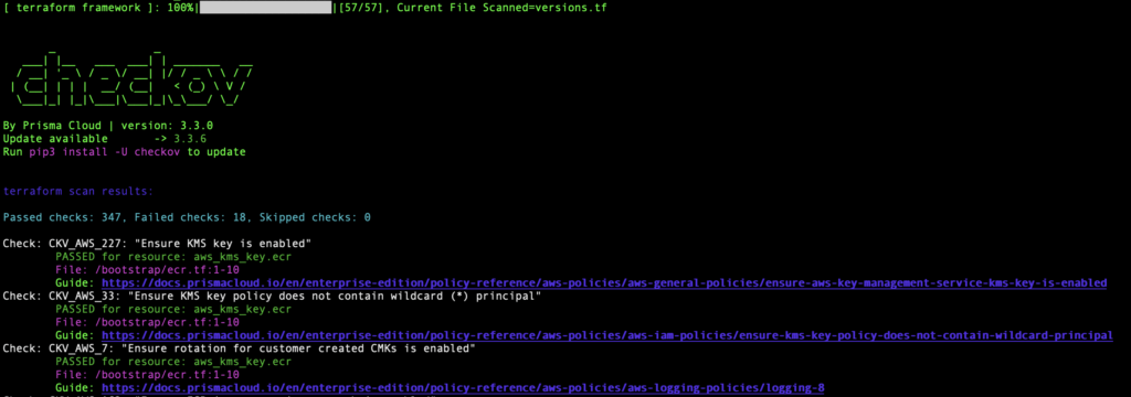 Terminal screenshot of Checkov 3.3.0 scanning Terraform files, showing 347 passed checks, 18 failed checks, and 0 skipped checks.